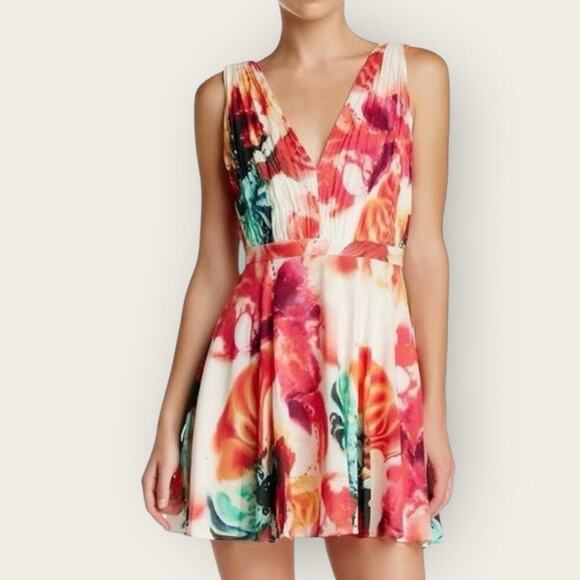 NWT | Alice + Olivia | Floral Print Silk Mini Dress | Multicolor | Size 0 - Picture 1 of 10